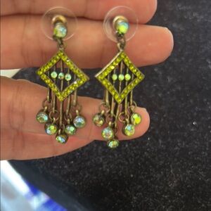 Geometric Gold and Green Dangle Earrings